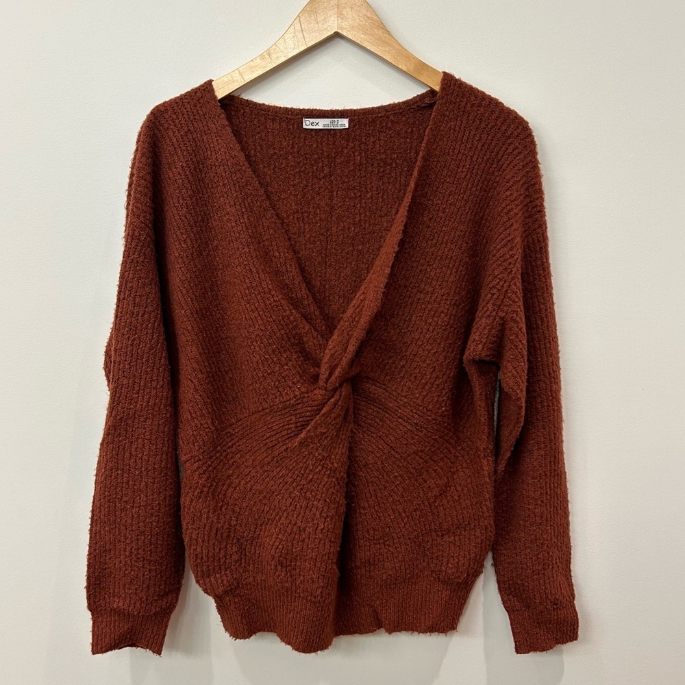 DEX, Sweater, Warm Brown, V Neck, Twist Detail, Size Medium
